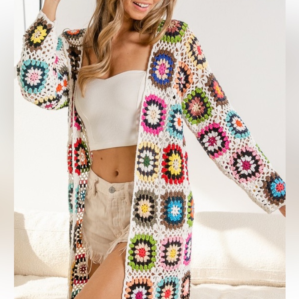 Handmade Granny Square Crochet Cardigan, swim suit cover up/ long cardig… - Picture 3 of 16